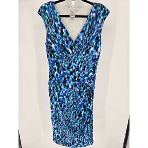 Maggy L Womens Sz 12 Midi Length V Neck Dress Shades of Blue Sleeveless